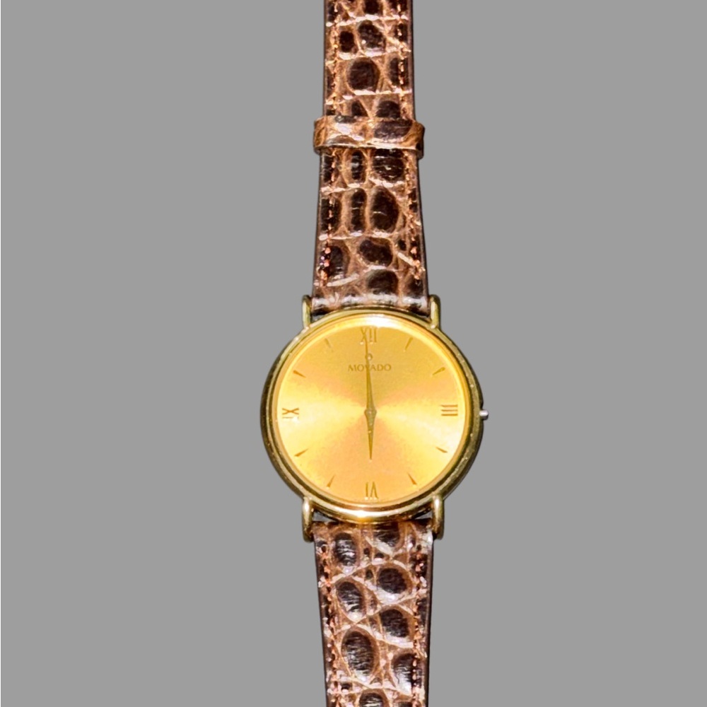Preowned: Movado Gold Watch with Dark Brown Leather Strap